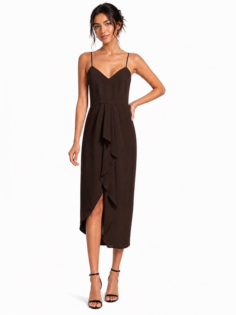 Gianni Bini Monique Asymmetrical Midi Dress Chocolate Ruffle Strap Size 0